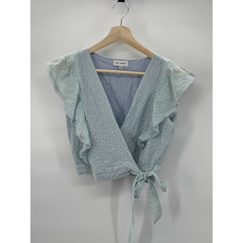 Lost + Wander Womens Top Blue S Eyelet Flutter Sleeve Crop Bottom Side Tie Wrap